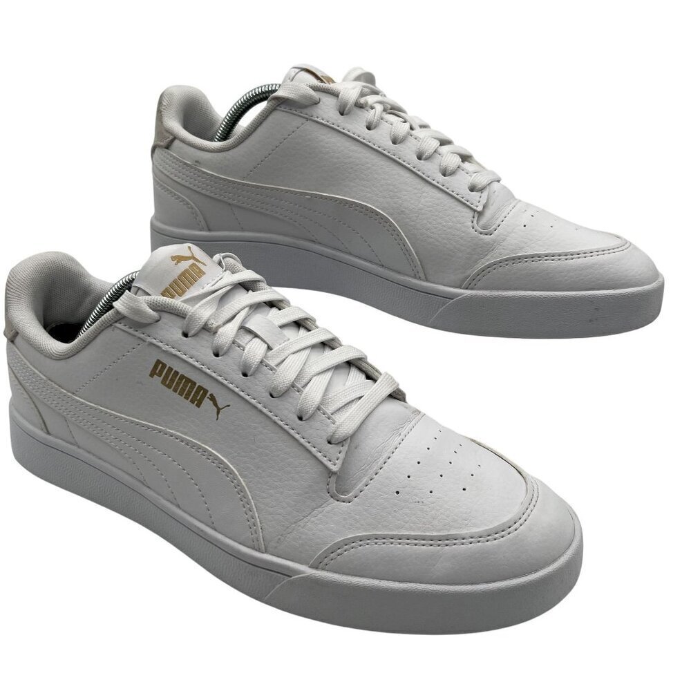 Puma Shuffle Sneaker Mens 9 Women 10.5 White Gold Logo SoftFoam Comfort Athletic - Picture 2 of 14